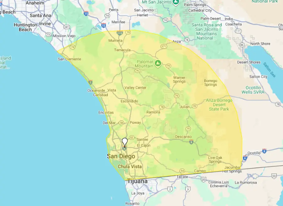 Service area map of HealingHaven Home Healthcare: San Diego County, Orange County, and Southwest Riverside.