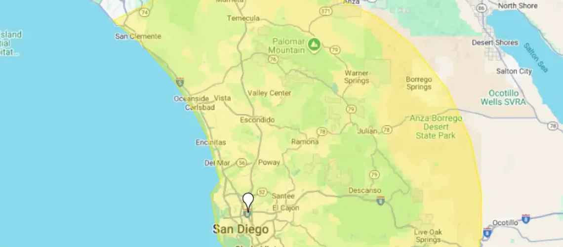 Service area map of HealingHaven Home Healthcare: San Diego County, Orange County, and Southwest Riverside.